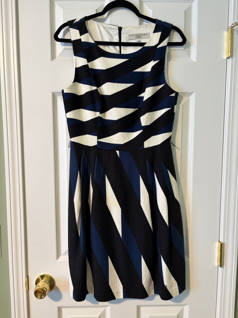 Trina Turk Navy, Black & White Sleeveless Diagonal Stripe Dress